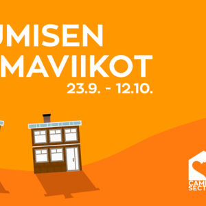Asumisen teemaviikot 23.9.-12.10. teksti yllä, alaosassa kolme tyyliteltyä asuinrakennusta ja Kampusjaoston sekä AYY10-logot