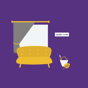 Kuvitus tilasta, jossa sohva, ikkuna ja kyltti saunaan
