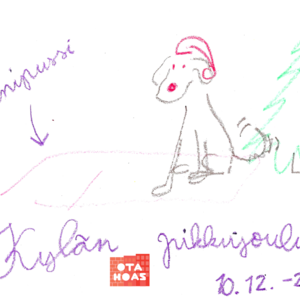 Kylän pikkujoulut grafiikka, jossa on kettu kuusen alla