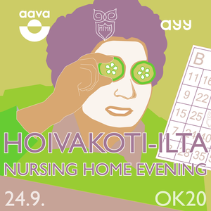 Poster with a granny looking at a bingo paper. Granny has a facemask and cucumbers on her eyes.