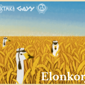 A painting of swans with teekkari caps in a field with the text Elonkorjuu in the bottom right corner