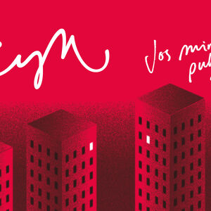 Graafisesti toteutettu kuva punaisista kerrostaloista. Otsikot sanovat KYN: Jos minä puhuisin sinulle