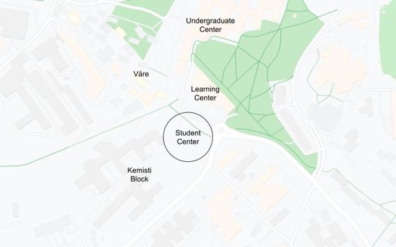 Opiskelijakeskuksen sijainti Kemistin korttelissa