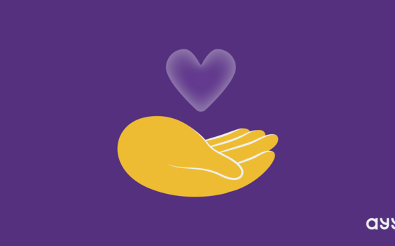 Kuvassa kuvitus, jossa violetilla pohjalla on käsi, jonka päällä on violetti sydän