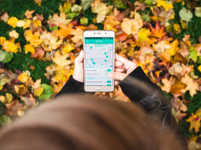 Syksyisiä lehtiä, henkilö käyttää kännykkää