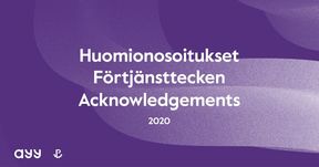 Banner kuva jossa AYY:n ja PTK:n kuva jossa lukee "Huomionosoitukset 2020" liilalla pohjalla