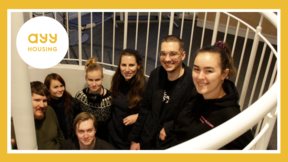 7 young people smiling and standing in the stairway