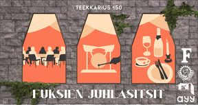 piirroskuvassa ihmisiä istuu pöydän ääressä, joku soittaa gongia, pöydälle on katettu lautanen, aterimet, kuppi, viinilasi, pullo ja kynttilä