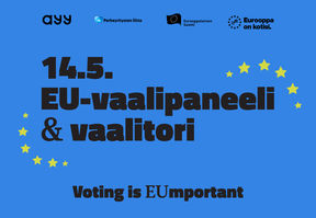 sininen tausta, jonka edessä tekstiä