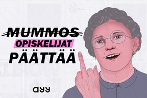 Kuvan tekstissä "mummos päättää", josta "mummos" on yliviivattu ja korvattu sanalla "opiskelijat". Kuvassa piirretty iäkäs nainen, joka näyttää keskisormea hymyillen.