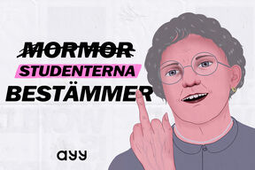 Text som säger "Mormor bestämmer" och orden "mormor" är överstruken och ersatt med orden "studenterna". I bilden syns också en ritad äldre dam som leer och visar långfingret.