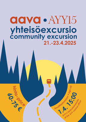 Poster for the community excursion. A bus riding off into the sunset on a forest road.