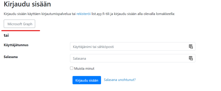 Image of a login form where the "Microsoft Graph" button is highlighted with a red underline.