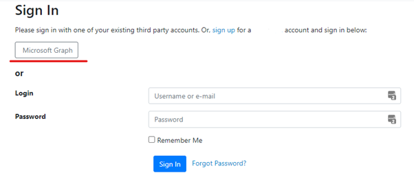 Bild på inloggningsformuläret där ”Microsoft Graph”-knappen är understreckad med röd färg.