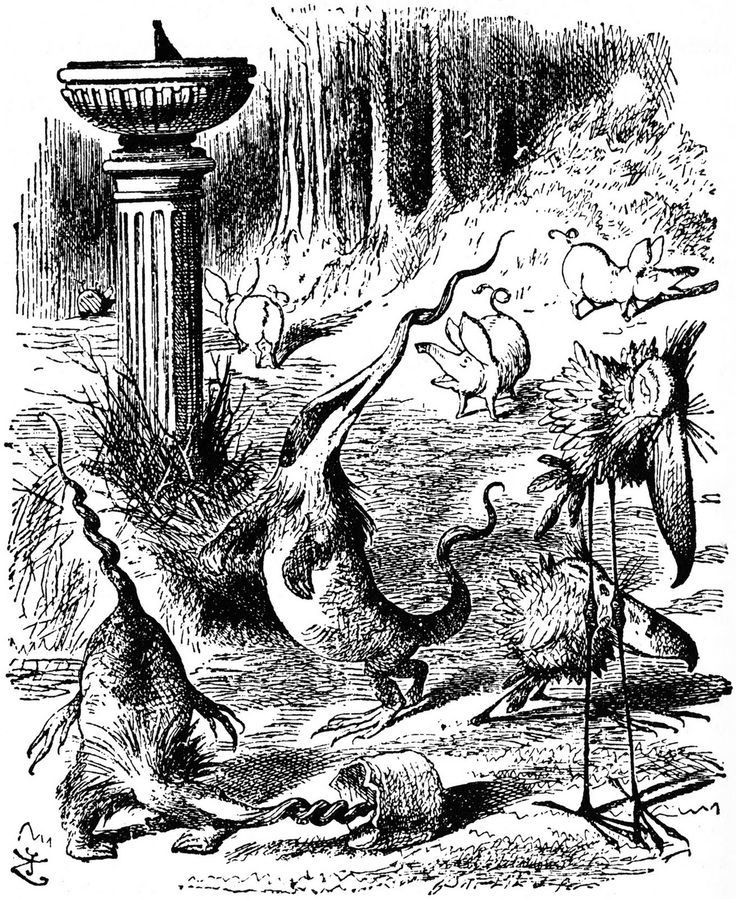 Creatures from the poem Jabberwocky round the sundial - John Tenniel, 1871