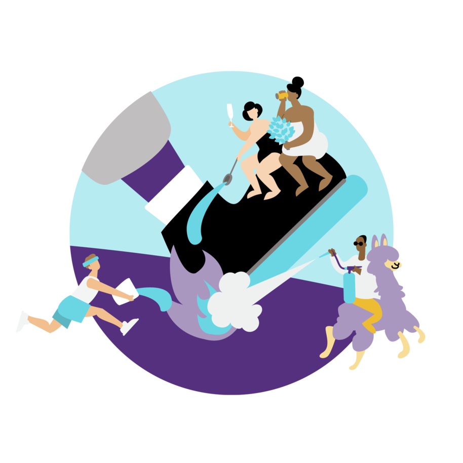 Yksi opiskelija sammuttaa suuren opiskelijahahmon palavaa kenkää, yksi ratsastaa alpakalla, kaksi opiskelijaa saunoo. 