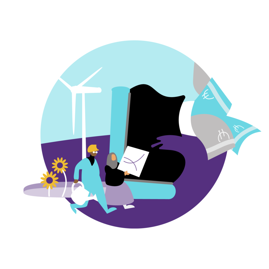 Suuren opiskelijan sukan varresta pilkottaa seteleitä. Kaksi opiskelijaa kävelee kantaen kastelukannua ja taulua, jossa on kuvaaja. Taustalla on lampi.  