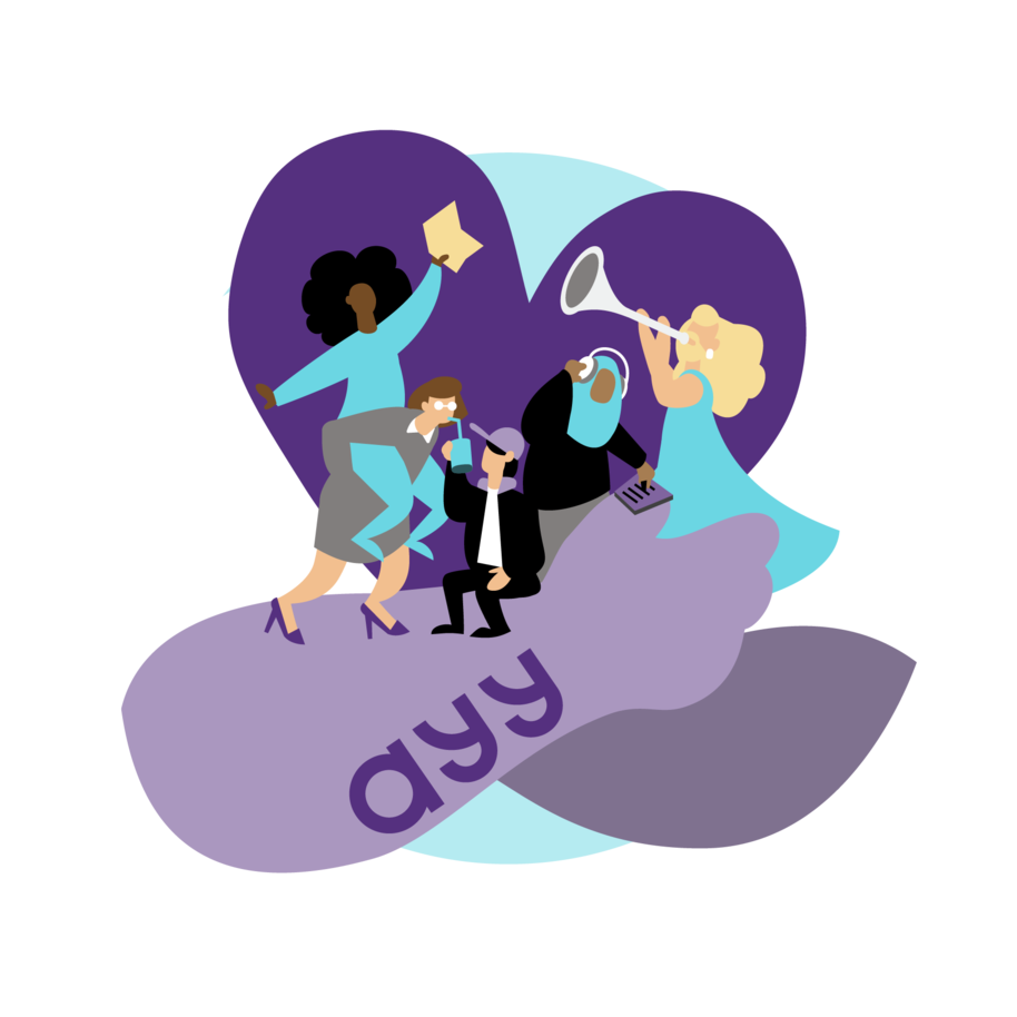 Opiskelijoita suuren opiskelijahahmon sylissä. Yksi soittaa torvea, yksi on DJ ja yksi on toisen reppuselässä. 