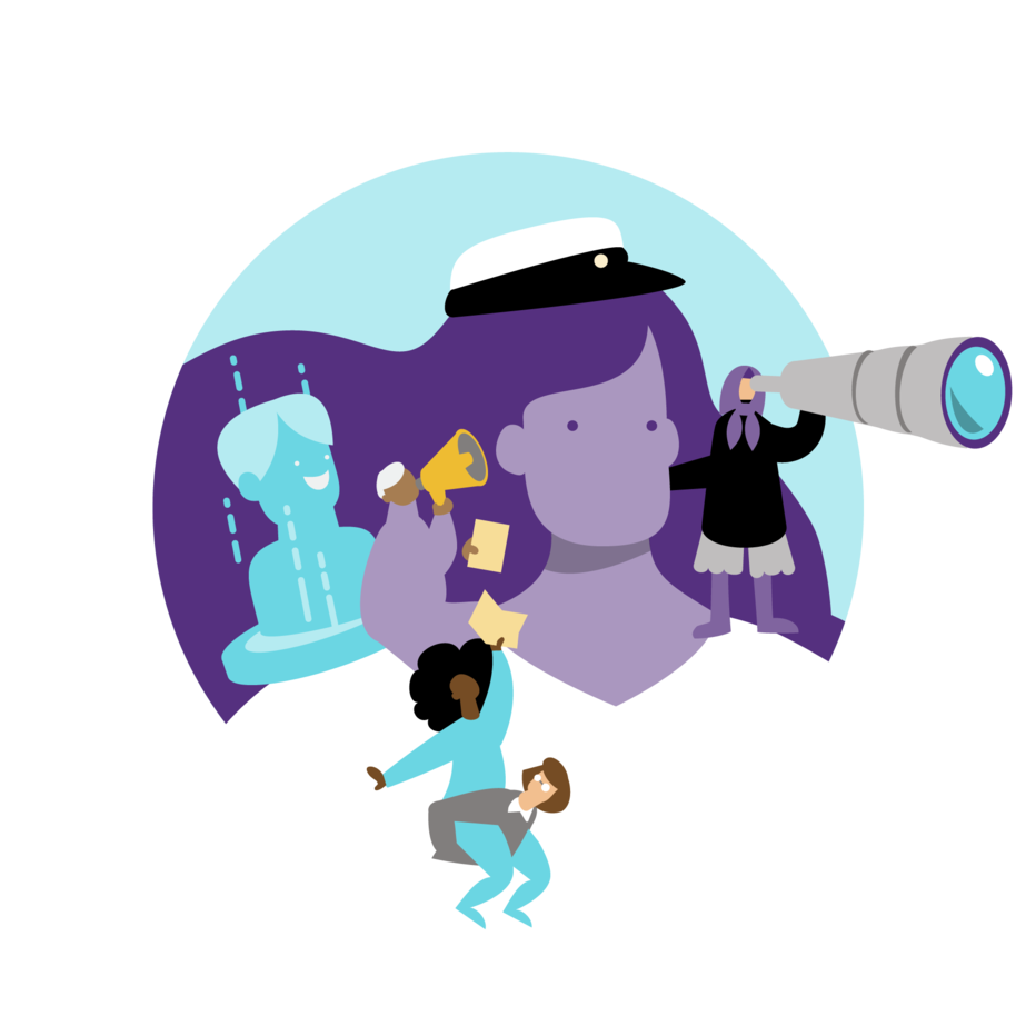 Suuren opiskelijan pää, kaukoputkella tiiraileva opiskelija, kolme opiskelijaa kirjojen ja megafonin kanssa ja opiskelijahologrammi