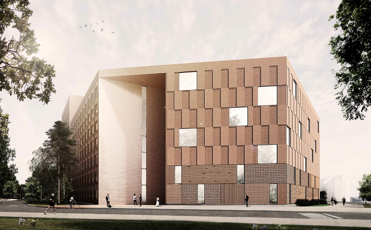 Tiiliseinäinen arkkitehtipiirros uusista opiskelija-asunnoista