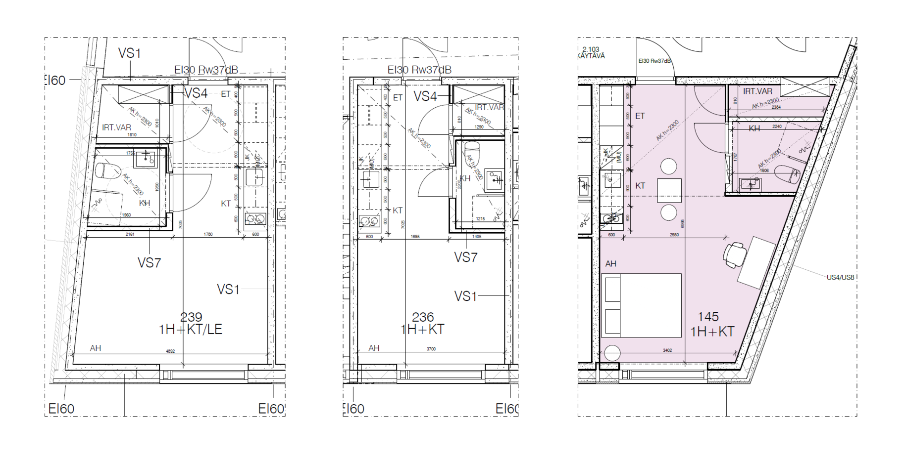 Kolmen yksiön pohjapiirros, keskellä suorakaide, sivuilla viistot seinät