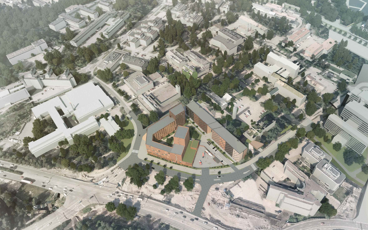 Ilmasta käsin oleva havainnekuva, jossa keskellä Miestentien kohteen vaiheiden 1 ja 2 rakennukset