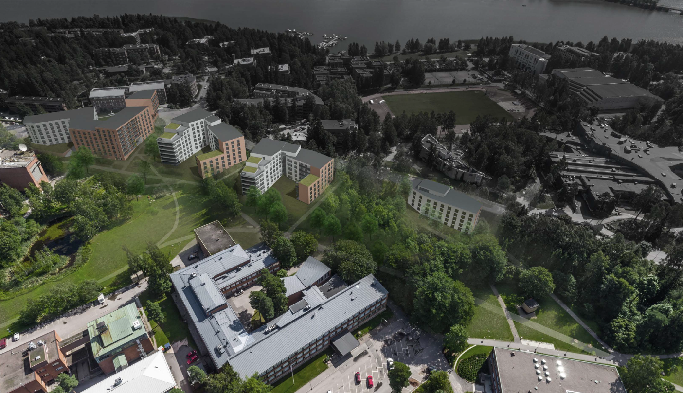 Havainnekuva neljästä uudesta rakennuksesta Otakaaren varteen