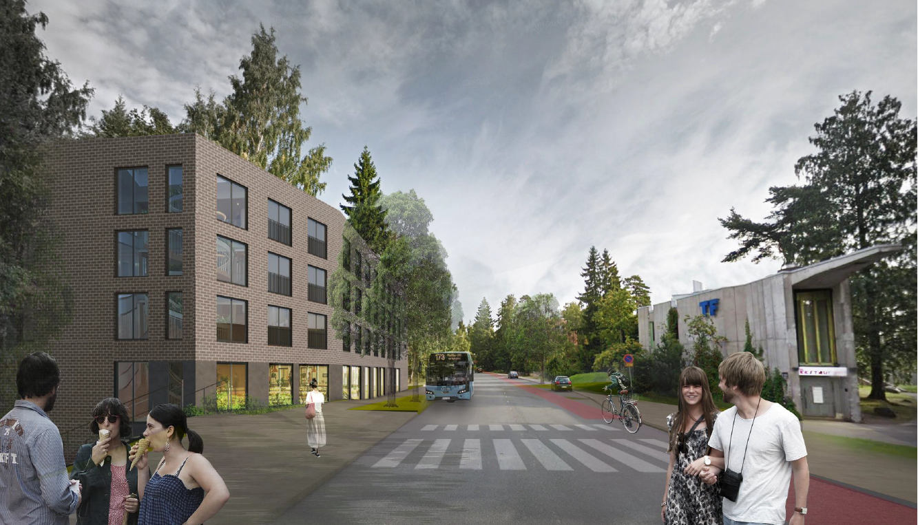 Vasemmalla Otakaaren uusi talo, oikealla Teknologföreningenin rakennus, välissä tie