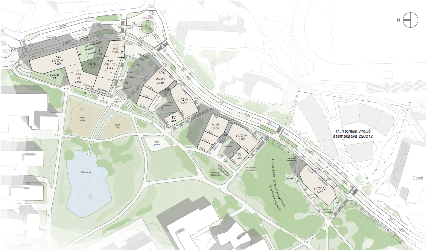 Karttapiirros rakennuksista Ossinlammen ja Otakaaren välissä
