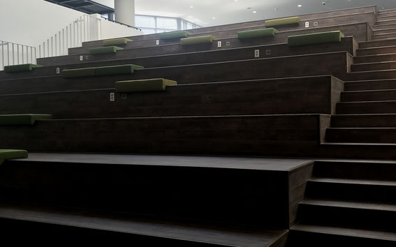 Istuskeluportaat KAISTin uudessa kirjastossa. Näistä voisi ottaa mallia esimerkiksi Opiskelijakeskukseen? KAIST. Kuva: Emma Savela