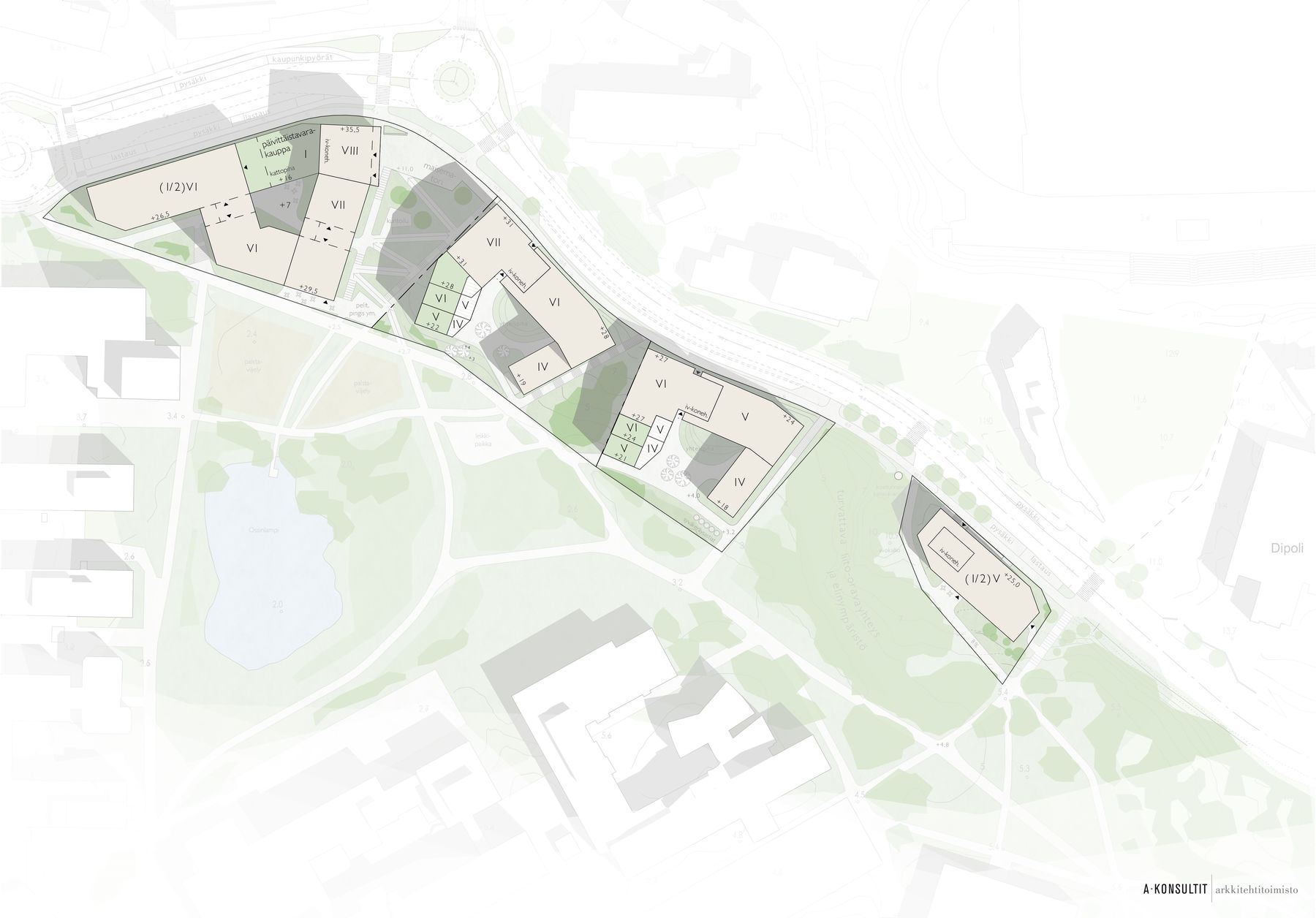 Karttakuva, suunnitelma Otakaaren neljän uuden rakennuksen kokonaisuudesta.