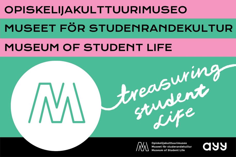 Opiskelijakulttuurimuseon kolmikielinen logo ja tagline: treasuring student life